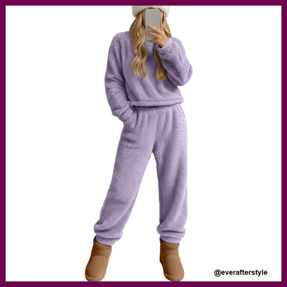 Fuzzy Fleece Pajama Set Cozy Winter Loungewear Long Sleeve Crop Top Pants